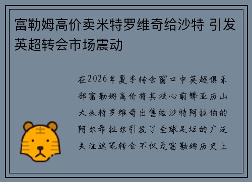 富勒姆高价卖米特罗维奇给沙特 引发英超转会市场震动 富勒姆高价卖米特罗维奇给沙特 引发英超转会市场震动